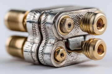 Poster - Close-up view of a metallic connector featuring gold accents, showcasing intricate details of its design and engineering