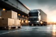 © whitestorm - A blurred view of a freight truck with parcels on wooden pallets, ready for shipping at a modern warehouse in the logistics and transport industry during sunset.