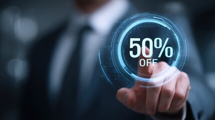 hand touching a digital display showing a 50% off discount offer.