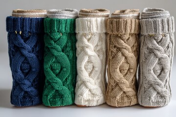 Aufkleber - Colorful knitted bottle covers arranged in a row showing various designs in a cozy indoor setting