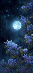 Wall Mural - the full moon shines in the starry sky, surrounded by blue flowers and green leaves. the flowers