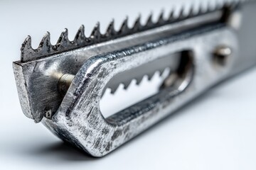 Poster - Close-up view of a serrated metal hand saw showcasing its sharp teeth and sturdy handle in a workshop setting