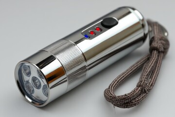Poster - Shiny metal flashlight with multiple LED lights and a durable strap for outdoor activities at night