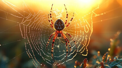 Spider in web at sunset