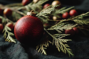 Poster - Red ornament resting on green foliage against a dark background during the holiday season