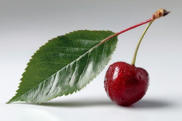 Wall Mural - Fresh cherry with vibrant green leaf resting on a smooth surface captured in close-up with water droplets