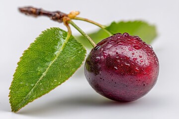 Wall Mural - Freshly picked cherry with droplets on leaves resting on a plain surface