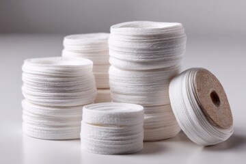 Poster - Spools of white thread stacked artfully on a clean surface in a well-lit workspace during afternoon light