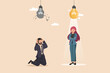 © channarong - From Broken Idea to Bright Solution Illustration Showing a Frustrated Man Under a Shattered Light Bulb and a Confident Woman Under a Glowing One.