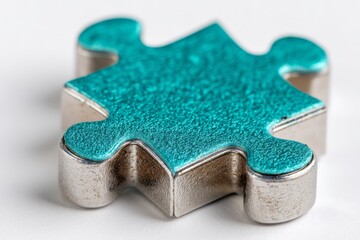 Leinwandbilder - Unique turquoise puzzle piece with metallic edges resting on a light background, showcasing its intricate design and texture