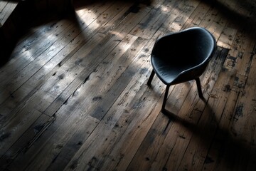 Poster - Solitary chair on wooden floor illuminated by soft light in a cozy indoor setting