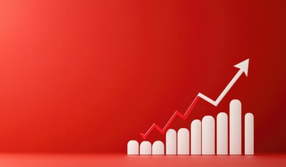 Growth chart representing upward trend in business performance with bold white elements on a bright red background