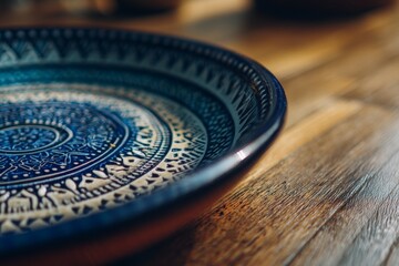 Poster - Decorative blue ceramic plate with intricate patterns placed on a rustic wooden table