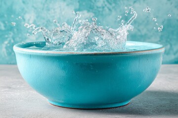 Aufkleber - Water splashes dynamically in a turquoise bowl against a textured blue background
