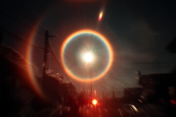Aufkleber - Bright sun surrounded by a colorful halo in the evening sky above a busy street