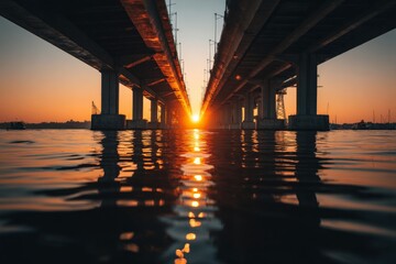Aufkleber - Sunset reflected on water beneath bridge illustrating serene evening moment