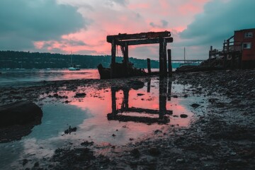 Aufkleber - Sunset reflection on water with old pier structure at low tide near coastal town