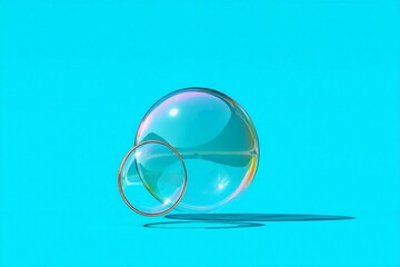 Poster - Colorful soap bubble on bright turquoise background with reflection and shadow