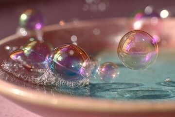 Poster - Colorful bubbles floating above a shimmering surface in a close-up capture during daytime