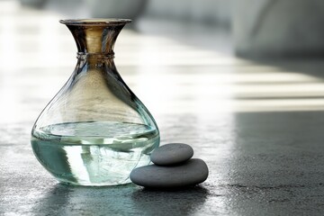 Poster - Elegant glass pitcher filled with water beside smooth stones in a serene indoor setting during daylight