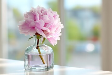 Aufkleber - Delicate pink peony in a glass vase on a table with a soft background during daytime