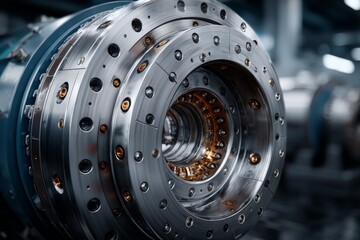 Aufkleber - Close-up view of intricate engine component showcasing detailed mechanics and precision engineering in a manufacturing plant