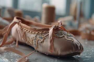 Poster - Delicate ballet slipper resting on a work table surrounded by sewing materials and craftsmanship tools