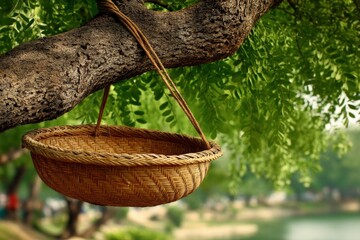Poster - Woven basket suspended from a tree branch surrounded by lush green foliage by a tranquil water body