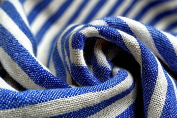 Poster - Textile with blue and white stripes elegantly draped on a table, highlighting intricate fabric details and texture