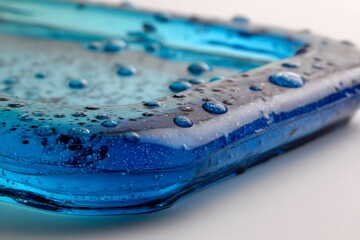 Poster - Close-up view of blue water droplets clustered on a clear surface capturing reflections of light