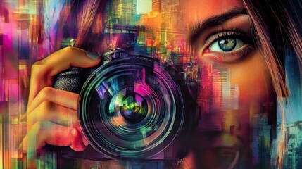Aufkleber - Woman's eye and hand holding camera, colorful city background.