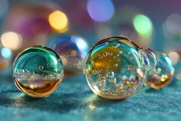 Poster - Colorful glass bubbles reflect light creating a vibrant display on a textured surface in a creative artistic arrangement