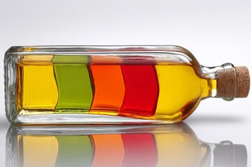 Poster - Colorful layers of oil in a glass bottle create a striking visual display on a neutral background