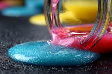 Aufkleber - Bright colored paints spill from a jar creating a vibrant pattern on a dark surface during an art project