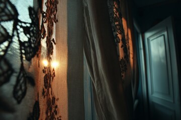 Aufkleber - Sunlight filtering through lace curtains in a quiet room during early morning hours