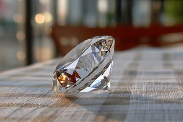 Poster - Crystal diamond decoration on a table reflecting sunlight in a modern interior setting