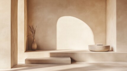 Poster - Minimalist beige interior with arched niche, steps, vase, and bowl; sunlit.