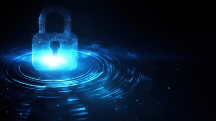 Glowing padlock symbol security concept with blue light and dark background.