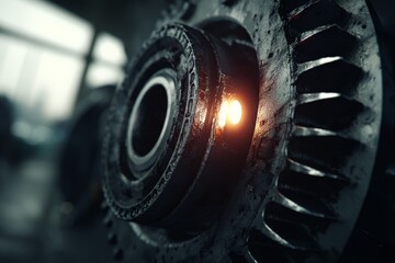 Poster - Close-up of industrial gear mechanism highlighting intricate details and soft light in a mechanical workshop setting