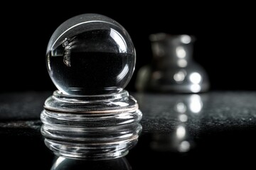 Poster - Crystal ball on reflective surface with blurred glass pitcher in background during low light