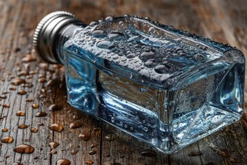 Poster - Clear water bottle resting on wet wooden surface with droplets reflecting light