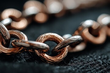 Poster - Close-up view of a textured metal chain on a dark background highlighting intricate details and reflective surfaces