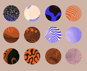 Aufkleber - Set of vector illustrations featuring abstract circles with wavy, striped and fluid patterns. The design uses modern, psychedelic and retro Y2K-inspired style with bold, contrasting colors.
