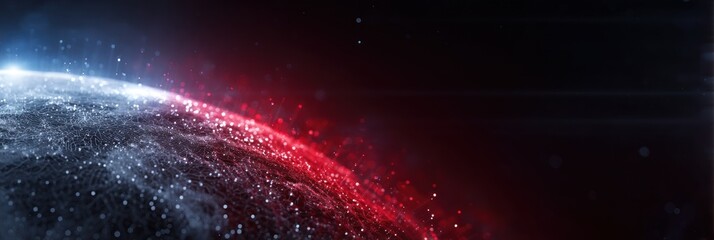 abstract planet view with blue and red light against a dark background.