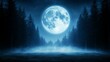 © Vadymation - Mystical glowing blue full moon over dark foggy forest at night. Atmospheric nature background scene for Halloween, fantasy, spooky concepts.