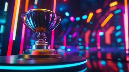 Aufkleber - A gleaming trophy sits on a vibrant, neon-lit stage, symbolizing victory and achievement.