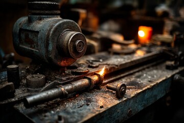 Aufkleber - Sparks fly during metalworking in an industrial workshop at dusk while creating precision parts for machinery