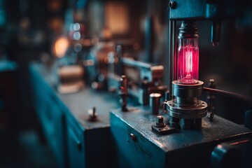 Leinwandbilder - Intricate machinery with glowing red lamp in a vintage workshop setting during evening hours