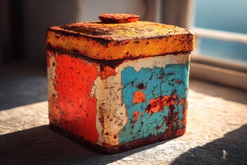 Poster - Rusty colorful container resting in sunlight on a textured surface with soft shadows in a serene indoor setting