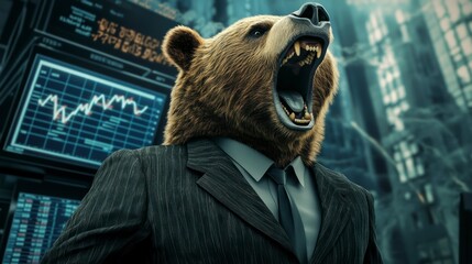Poster - Roaring bear in suit against stock market data backdrop.